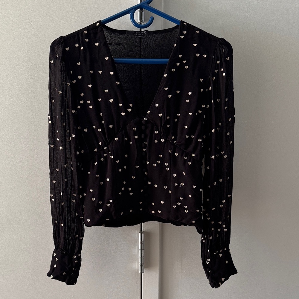 Allsaints embroidered heard black mash blouse size 0